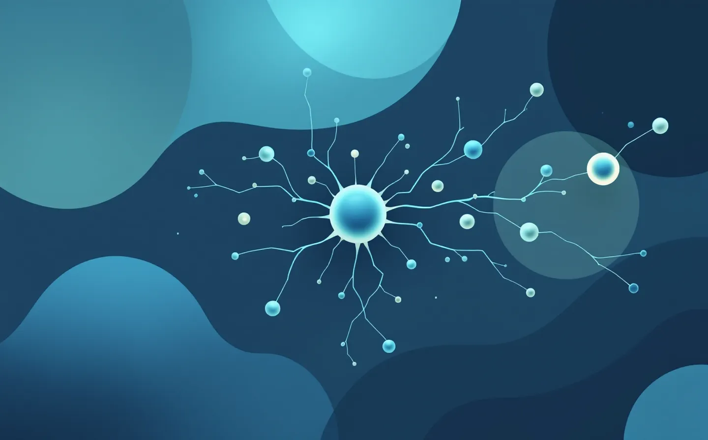 A clean Material data illustration of an abstract receptor node with a branching new-vessel angiogenesis sprout network in tonal blue and teal, with one green active signaling node, on a deep cool slate ground